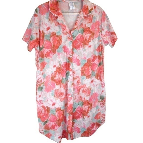 Vintage Rose Pattern Silky Button Down Night Shirt, Medium - Picture 1 of 8